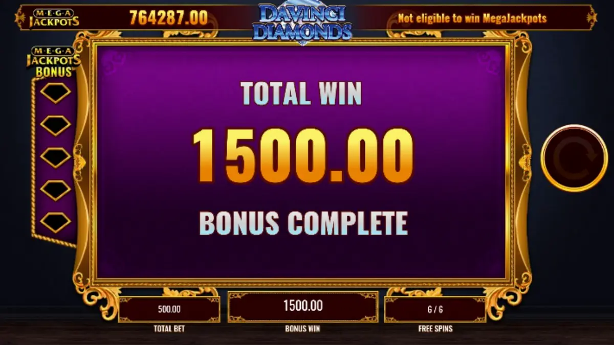 Tampilan visual slot Mega Jackpot DaVinci Diamonds dengan tema seni Renaissance dan permata.